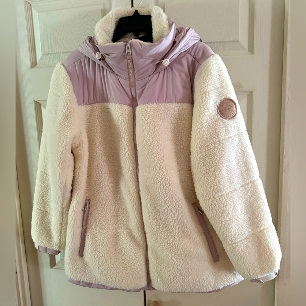 Arctic Expedition Winter Coat with Hood - Winter White w/Lavender - Size Medium